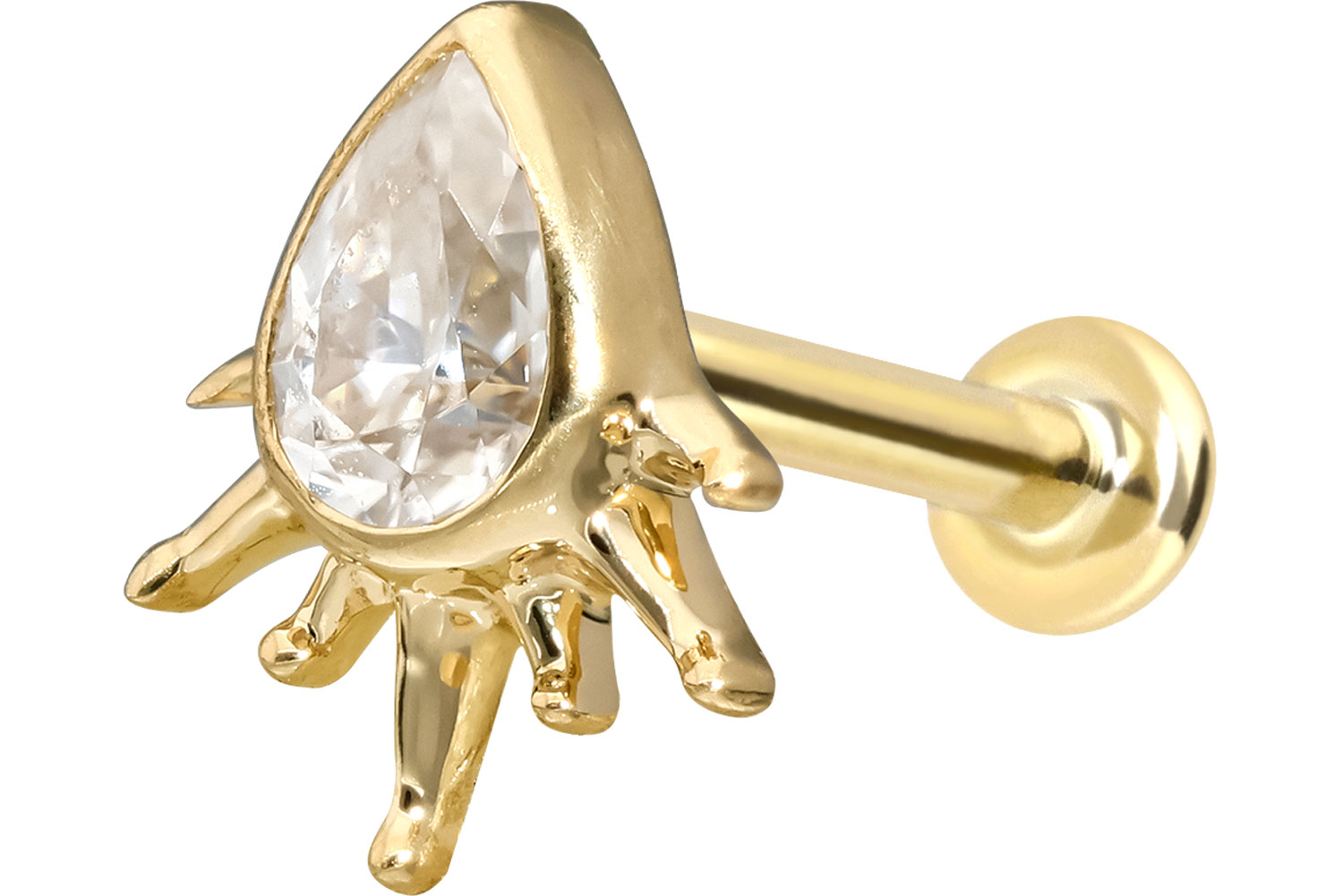 14 Karat Gold Labret Piercing mit Push Fit MOISSANIT-TROPFEN + SONNENSTRAHLEN